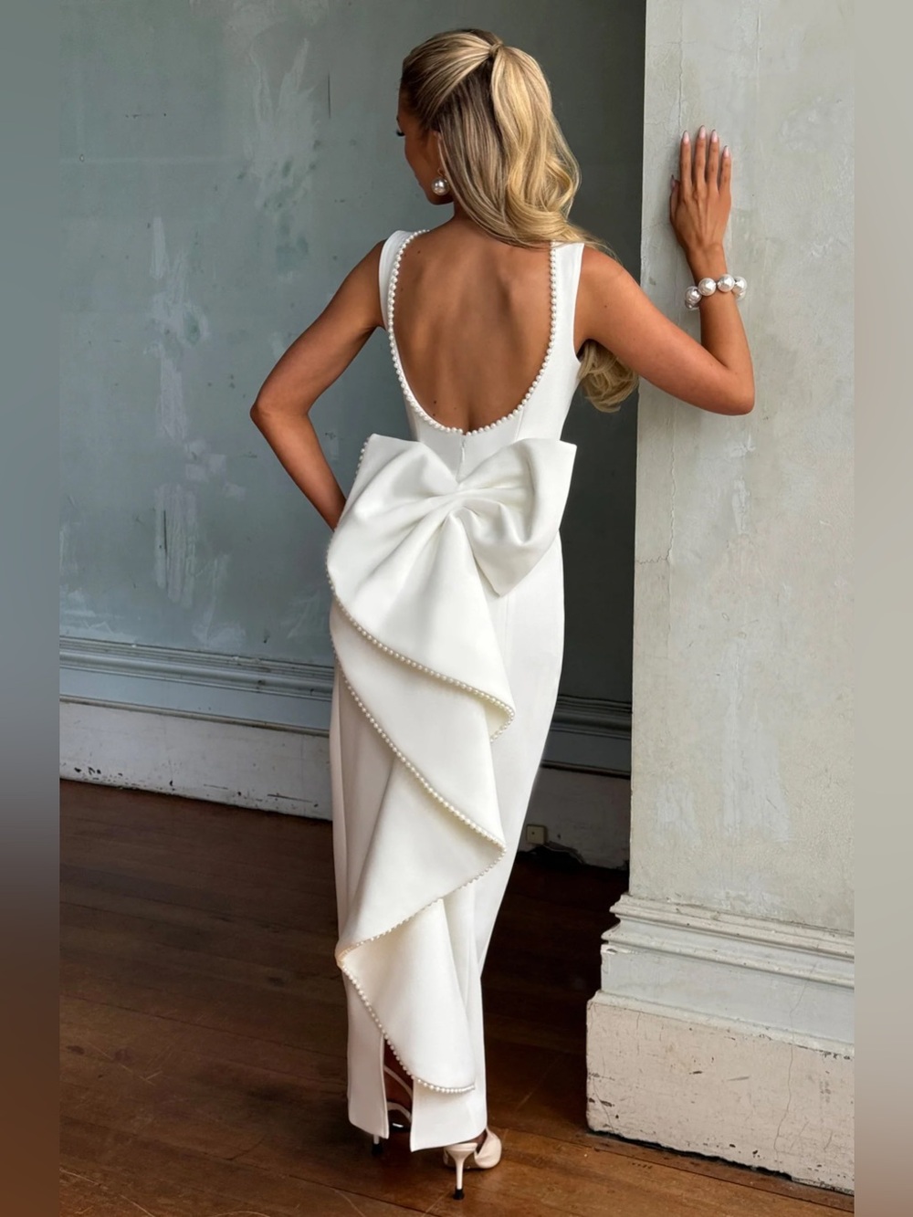 BABYBOO Lana Midaxi Dress Large Ivory White Pearl Bow Scoop Back Bridal Wedding